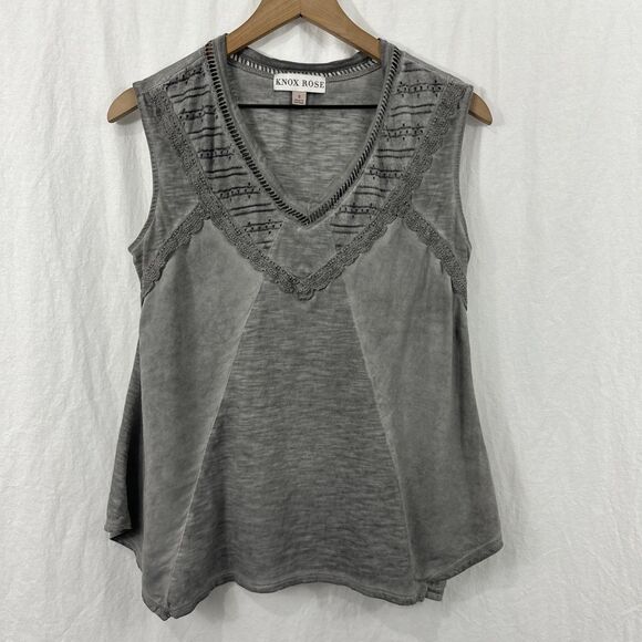 Knox Rose Tops - Knox Rose Gray Mixed Media Asymmetric Crochet Trim Sleeveless Tank Sz S Boho